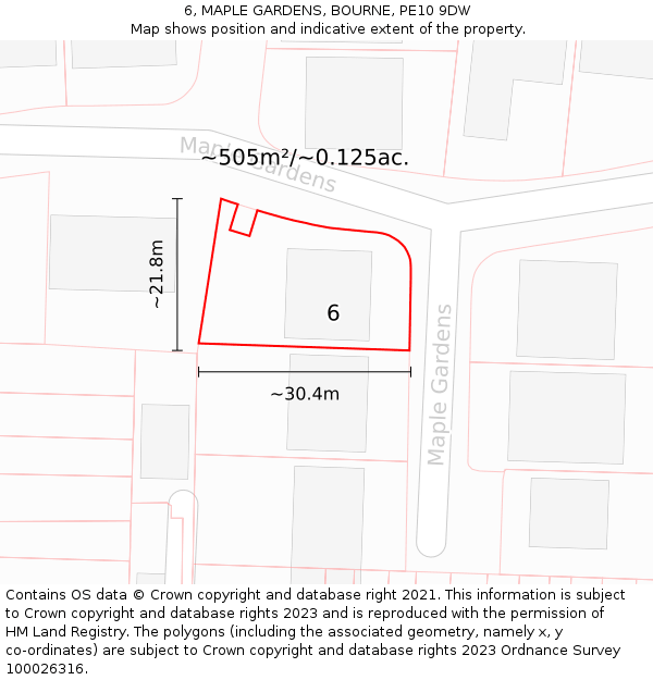 6, MAPLE GARDENS, BOURNE, PE10 9DW: Plot and title map