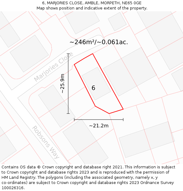 6, MARJORIES CLOSE, AMBLE, MORPETH, NE65 0GE: Plot and title map