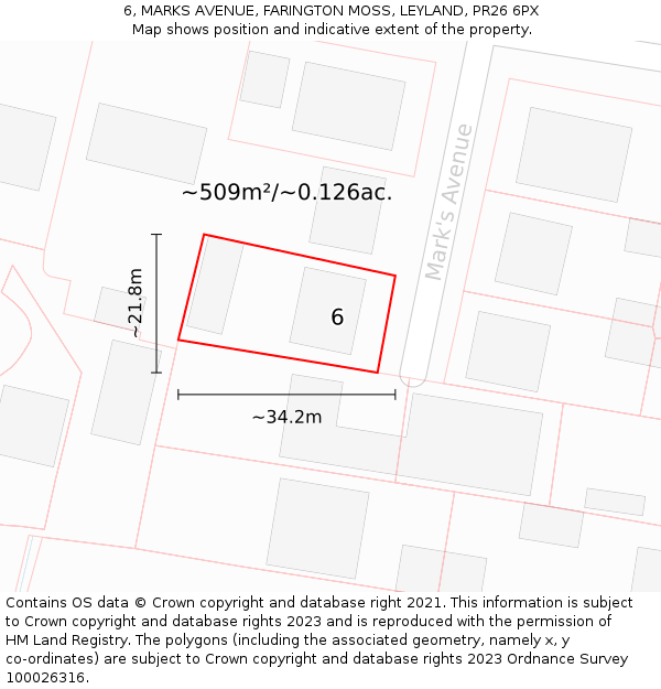 6, MARKS AVENUE, FARINGTON MOSS, LEYLAND, PR26 6PX: Plot and title map