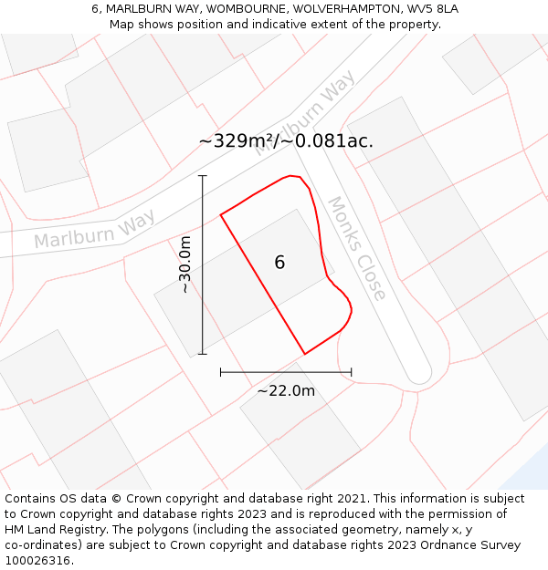 6, MARLBURN WAY, WOMBOURNE, WOLVERHAMPTON, WV5 8LA: Plot and title map