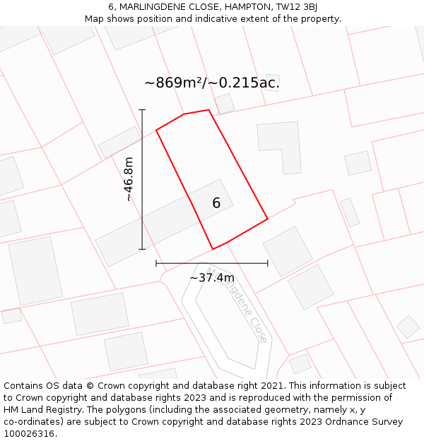 6, MARLINGDENE CLOSE, HAMPTON, TW12 3BJ: Plot and title map