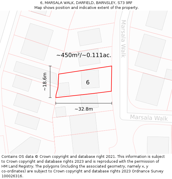 6, MARSALA WALK, DARFIELD, BARNSLEY, S73 9RF: Plot and title map