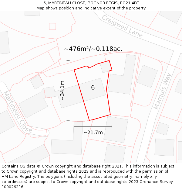 6, MARTINEAU CLOSE, BOGNOR REGIS, PO21 4BT: Plot and title map