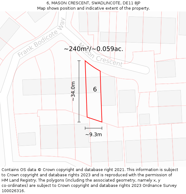 6, MASON CRESCENT, SWADLINCOTE, DE11 8JP: Plot and title map