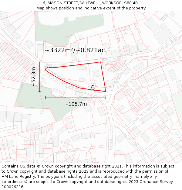 6, MASON STREET, WHITWELL, WORKSOP, S80 4RL: Plot and title map