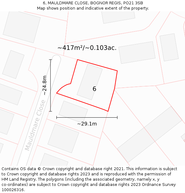 6, MAULDMARE CLOSE, BOGNOR REGIS, PO21 3SB: Plot and title map