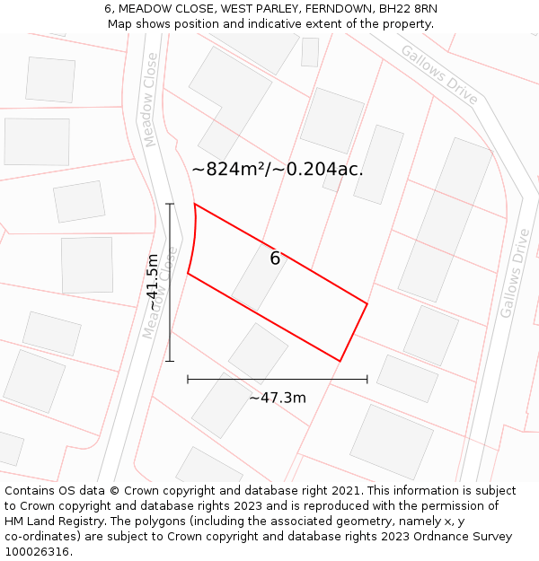 6, MEADOW CLOSE, WEST PARLEY, FERNDOWN, BH22 8RN: Plot and title map