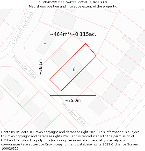 6, MEADOW RISE, WATERLOOVILLE, PO8 9AB: Plot and title map