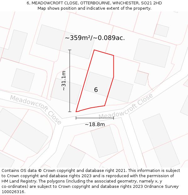 6, MEADOWCROFT CLOSE, OTTERBOURNE, WINCHESTER, SO21 2HD: Plot and title map