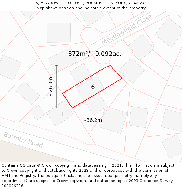 6, MEADOWFIELD CLOSE, POCKLINGTON, YORK, YO42 2XH: Plot and title map