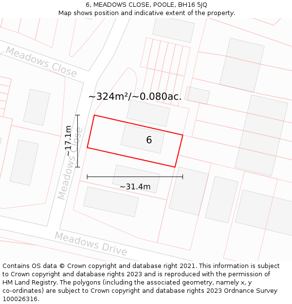 6, MEADOWS CLOSE, POOLE, BH16 5JQ: Plot and title map