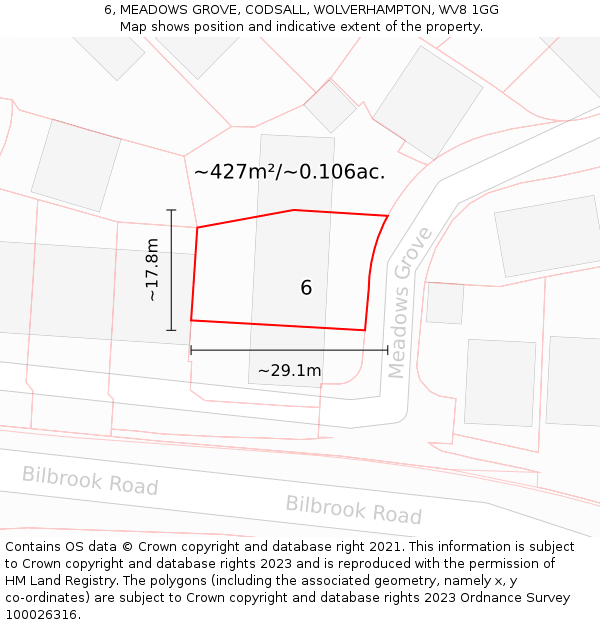 6, MEADOWS GROVE, CODSALL, WOLVERHAMPTON, WV8 1GG: Plot and title map