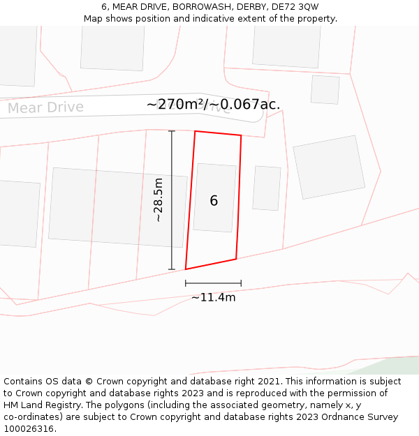 6, MEAR DRIVE, BORROWASH, DERBY, DE72 3QW: Plot and title map