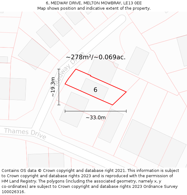 6, MEDWAY DRIVE, MELTON MOWBRAY, LE13 0EE: Plot and title map