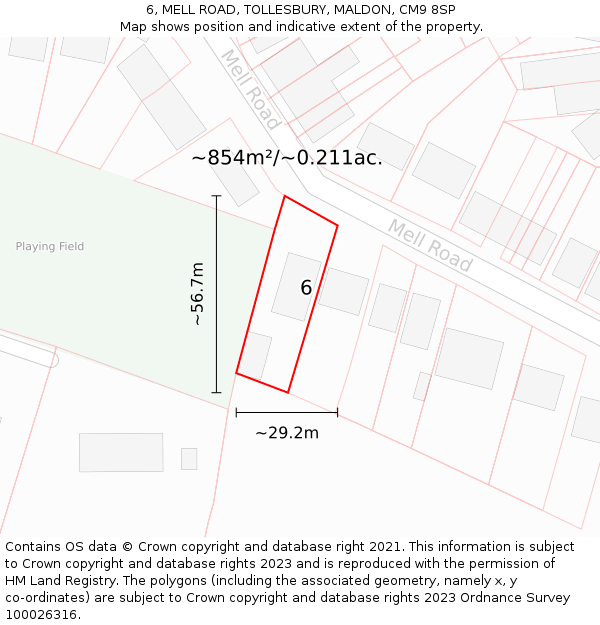 6, MELL ROAD, TOLLESBURY, MALDON, CM9 8SP: Plot and title map