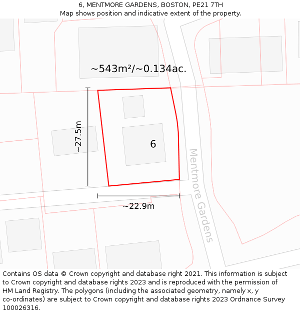 6, MENTMORE GARDENS, BOSTON, PE21 7TH: Plot and title map