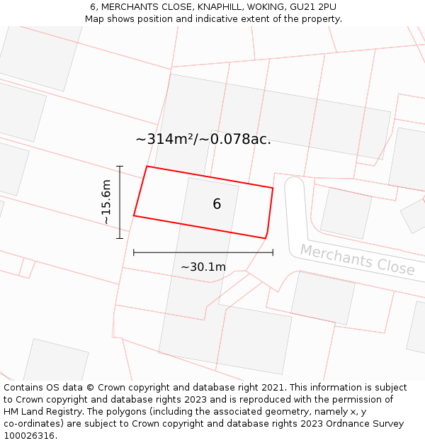 6, MERCHANTS CLOSE, KNAPHILL, WOKING, GU21 2PU: Plot and title map