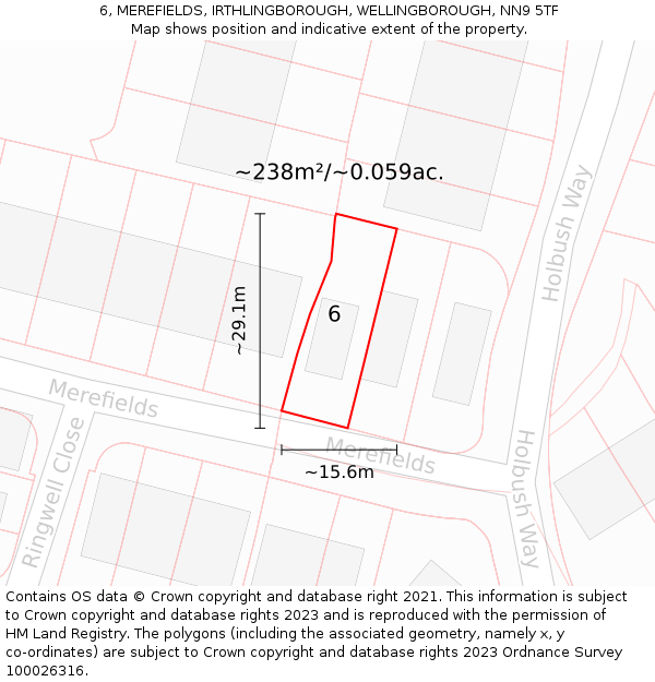 6, MEREFIELDS, IRTHLINGBOROUGH, WELLINGBOROUGH, NN9 5TF: Plot and title map