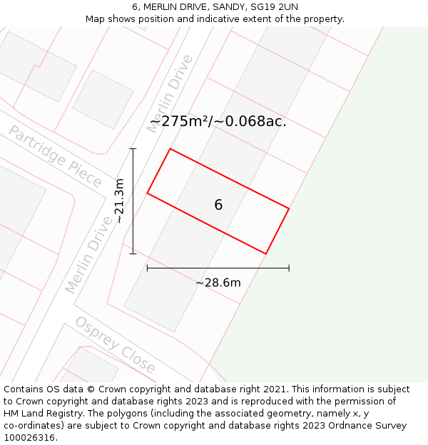 6, MERLIN DRIVE, SANDY, SG19 2UN: Plot and title map