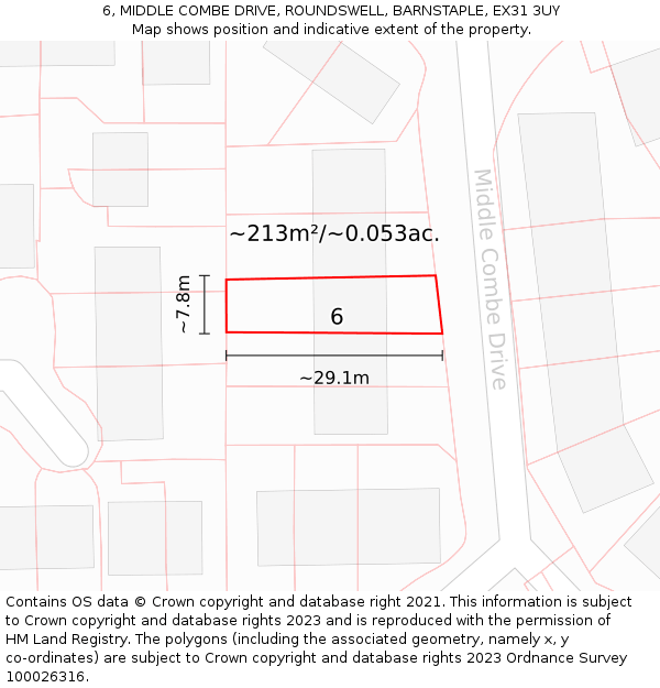 6, MIDDLE COMBE DRIVE, ROUNDSWELL, BARNSTAPLE, EX31 3UY: Plot and title map