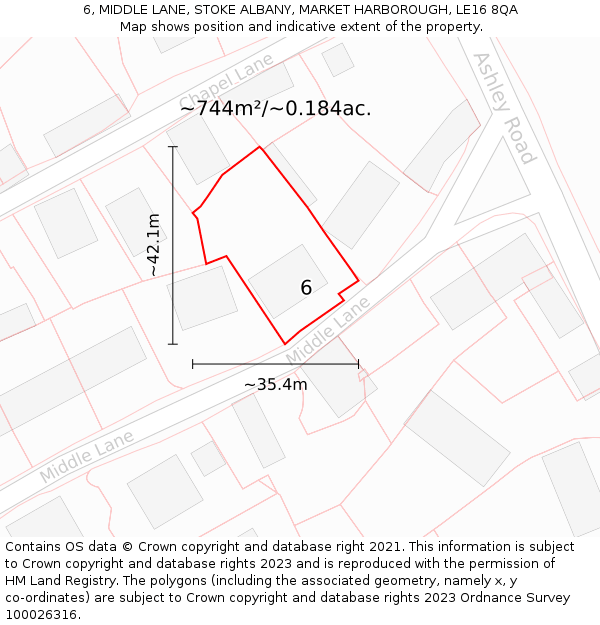 6, MIDDLE LANE, STOKE ALBANY, MARKET HARBOROUGH, LE16 8QA: Plot and title map