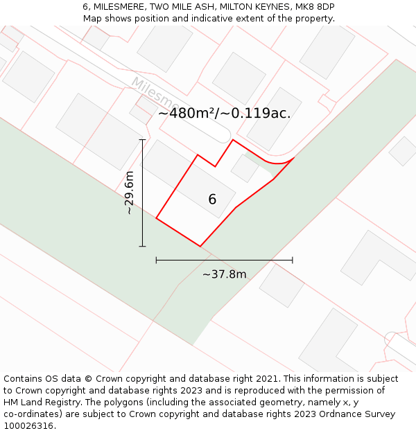 6, MILESMERE, TWO MILE ASH, MILTON KEYNES, MK8 8DP: Plot and title map