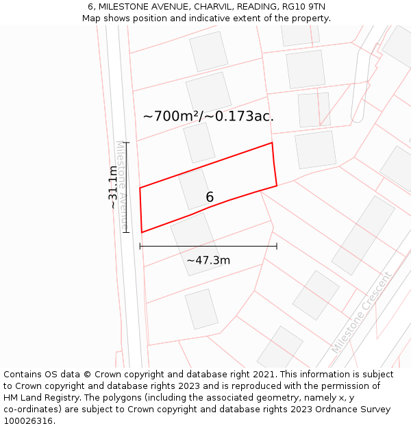 6, MILESTONE AVENUE, CHARVIL, READING, RG10 9TN: Plot and title map