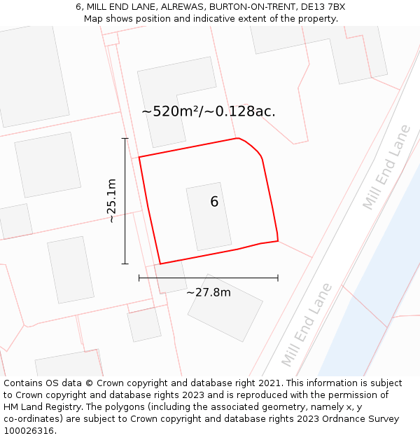 6, MILL END LANE, ALREWAS, BURTON-ON-TRENT, DE13 7BX: Plot and title map