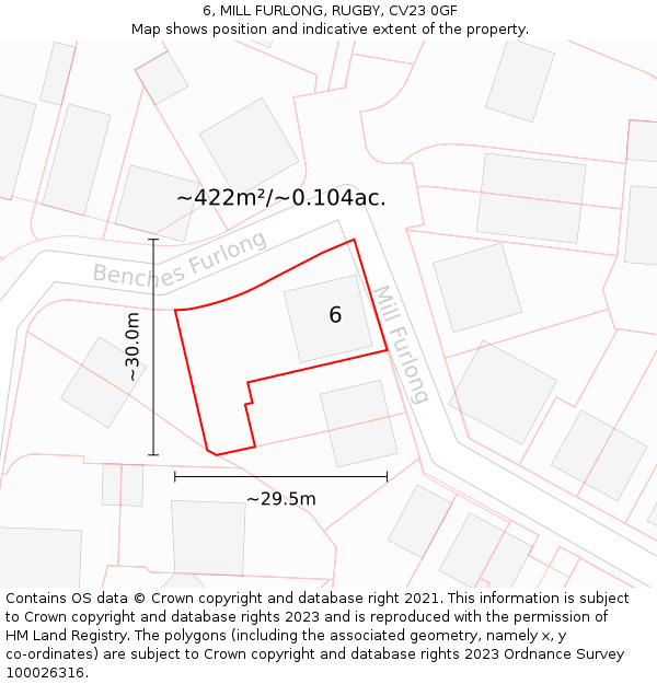 6, MILL FURLONG, RUGBY, CV23 0GF: Plot and title map