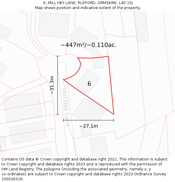 6, MILL HEY LANE, RUFFORD, ORMSKIRK, L40 1SJ: Plot and title map