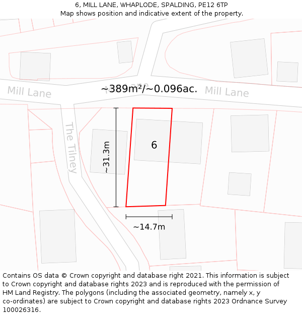 6, MILL LANE, WHAPLODE, SPALDING, PE12 6TP: Plot and title map