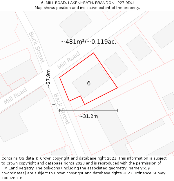 6, MILL ROAD, LAKENHEATH, BRANDON, IP27 9DU: Plot and title map