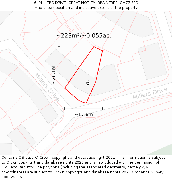 6, MILLERS DRIVE, GREAT NOTLEY, BRAINTREE, CM77 7FD: Plot and title map