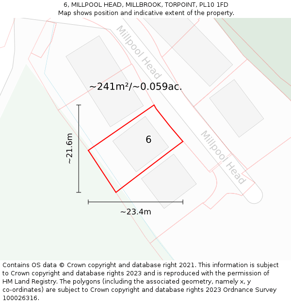 6, MILLPOOL HEAD, MILLBROOK, TORPOINT, PL10 1FD: Plot and title map