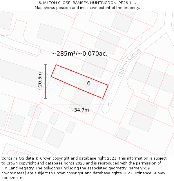 6, MILTON CLOSE, RAMSEY, HUNTINGDON, PE26 1LU: Plot and title map