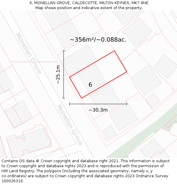 6, MONELLAN GROVE, CALDECOTTE, MILTON KEYNES, MK7 8NE: Plot and title map