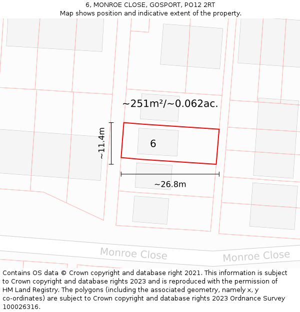 6, MONROE CLOSE, GOSPORT, PO12 2RT: Plot and title map