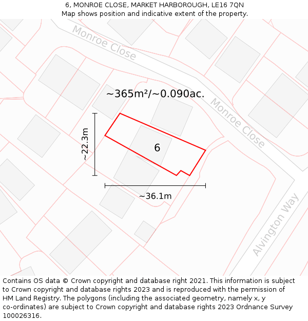 6, MONROE CLOSE, MARKET HARBOROUGH, LE16 7QN: Plot and title map