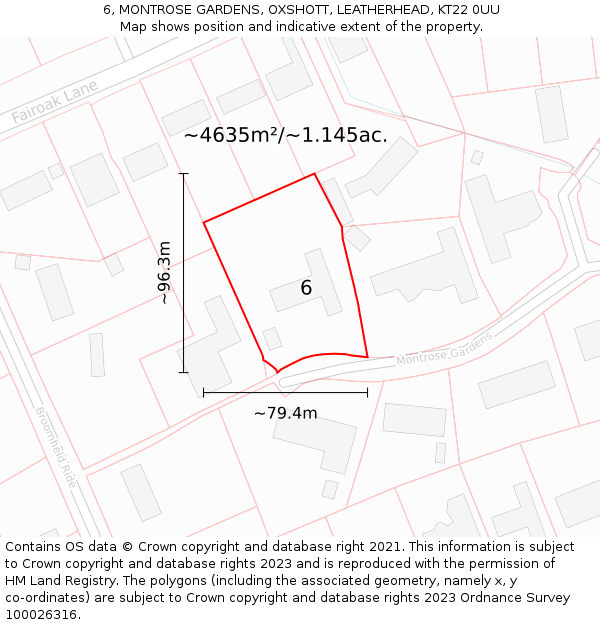 6, MONTROSE GARDENS, OXSHOTT, LEATHERHEAD, KT22 0UU: Plot and title map