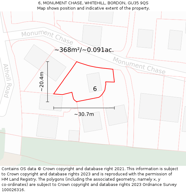 6, MONUMENT CHASE, WHITEHILL, BORDON, GU35 9QS: Plot and title map