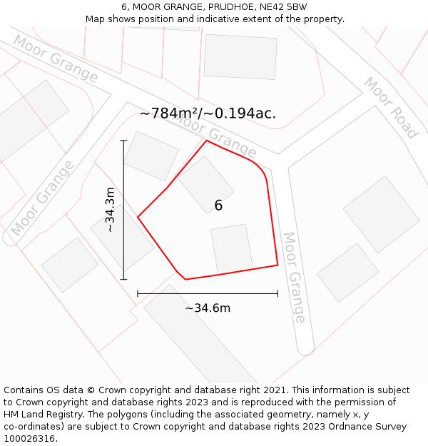 6, MOOR GRANGE, PRUDHOE, NE42 5BW: Plot and title map