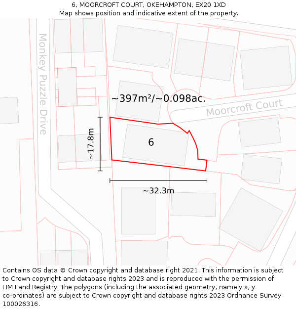 6, MOORCROFT COURT, OKEHAMPTON, EX20 1XD: Plot and title map