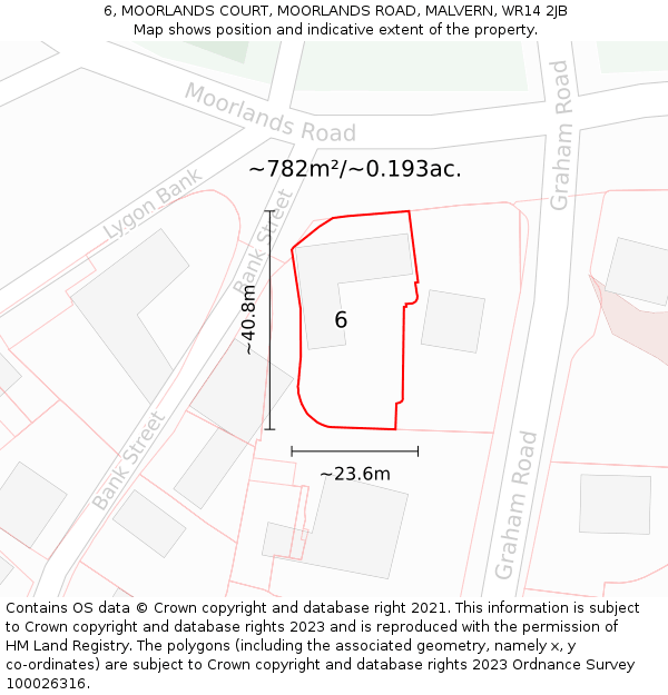 6, MOORLANDS COURT, MOORLANDS ROAD, MALVERN, WR14 2JB: Plot and title map