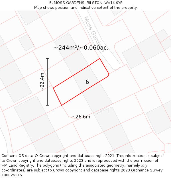 6, MOSS GARDENS, BILSTON, WV14 9YE: Plot and title map