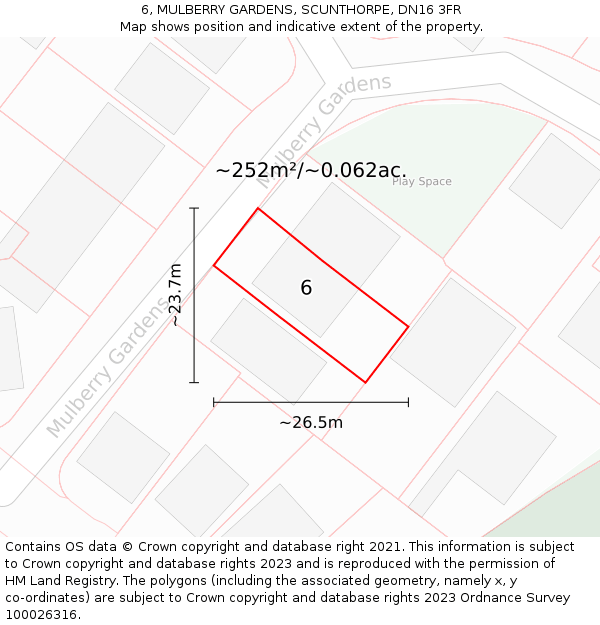 6, MULBERRY GARDENS, SCUNTHORPE, DN16 3FR: Plot and title map