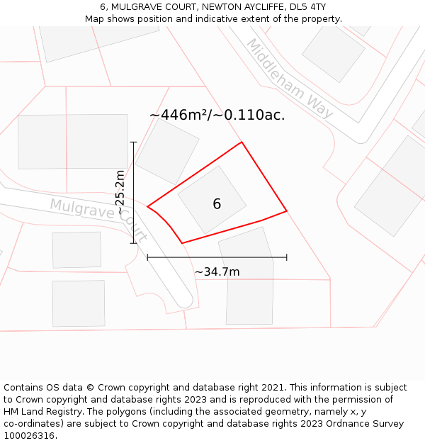 6, MULGRAVE COURT, NEWTON AYCLIFFE, DL5 4TY: Plot and title map