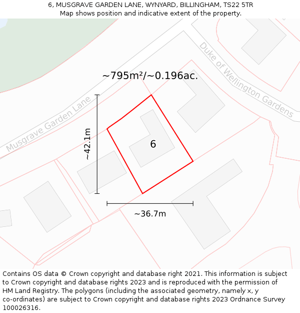 6, MUSGRAVE GARDEN LANE, WYNYARD, BILLINGHAM, TS22 5TR: Plot and title map