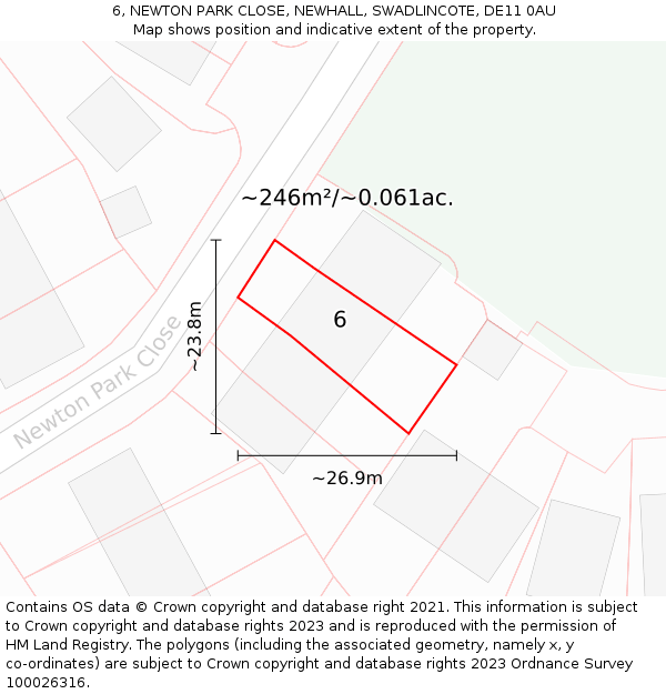 6, NEWTON PARK CLOSE, NEWHALL, SWADLINCOTE, DE11 0AU: Plot and title map