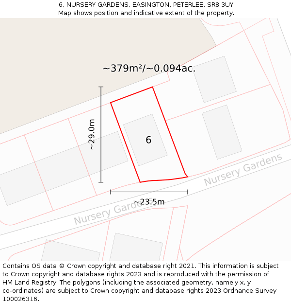 6, NURSERY GARDENS, EASINGTON, PETERLEE, SR8 3UY: Plot and title map