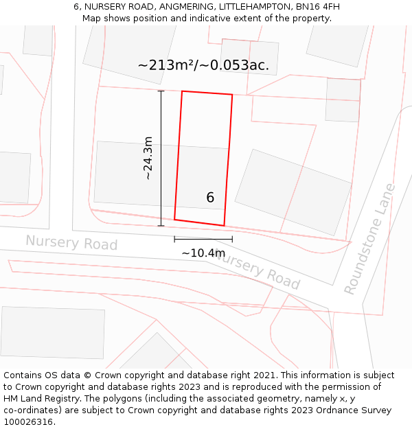 6, NURSERY ROAD, ANGMERING, LITTLEHAMPTON, BN16 4FH: Plot and title map